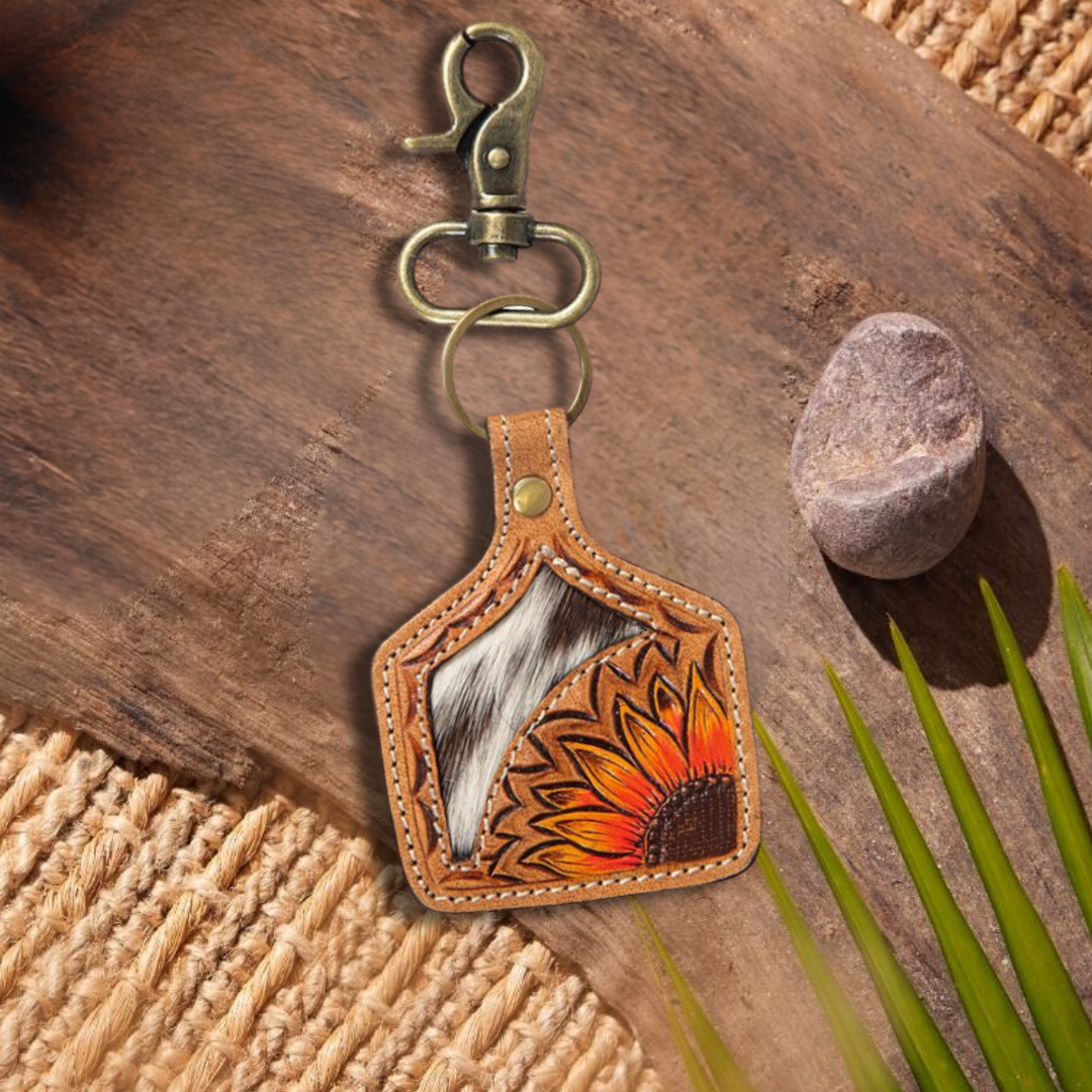 Desert Bloom Tooled Leather and Cowhide Keychain