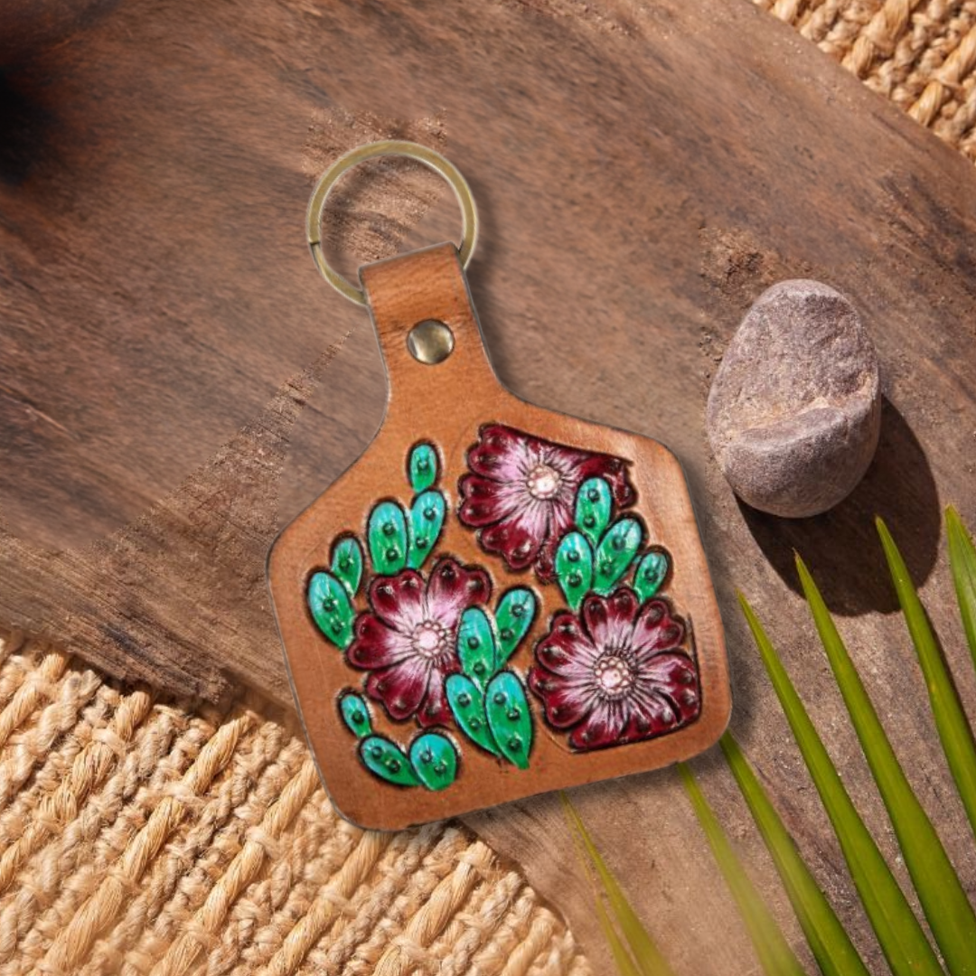 Wildflowers Around Tooled Leather Keychain